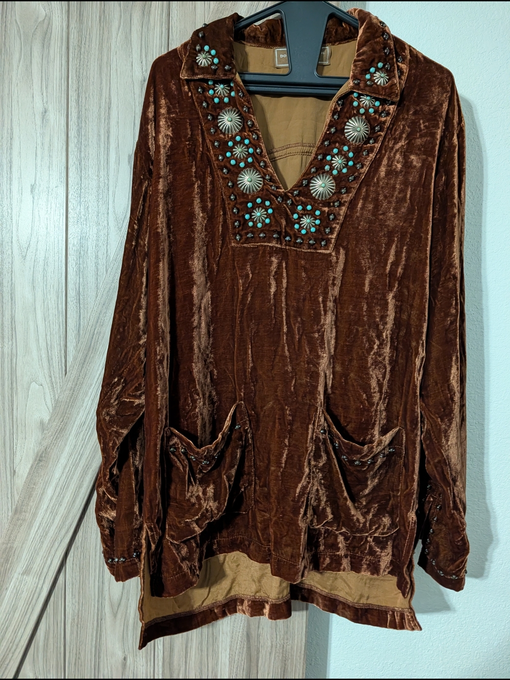 Embellished Brown Velvet Tunic with Turquoise Accents